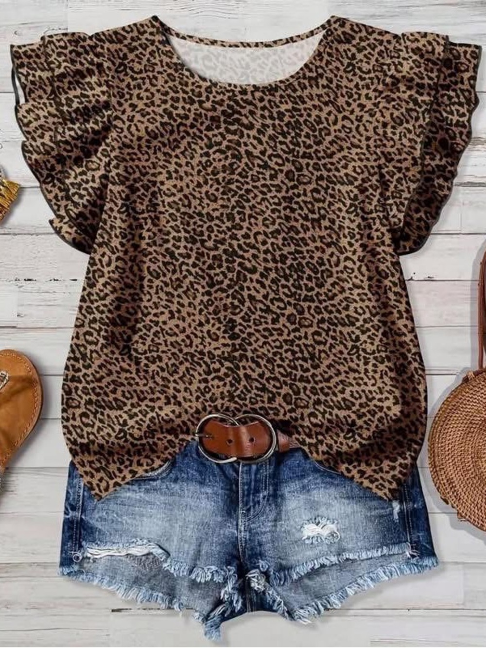 BNWT Leopard Print Ruffle Sleeve Top - Brown